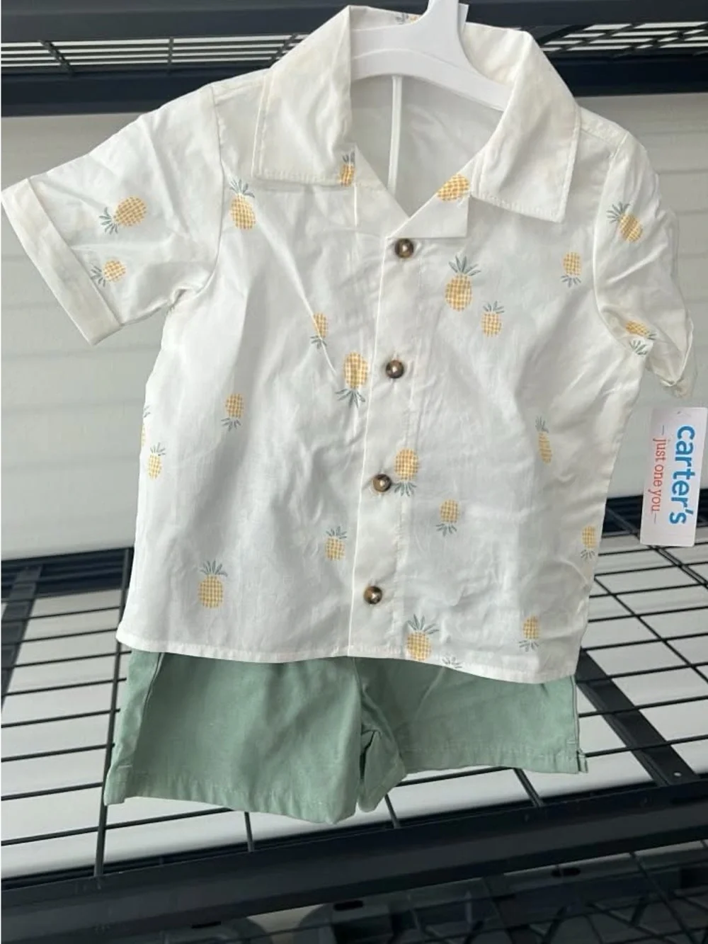 Carter's White Short-Sleeve Button-Up Shirt with Yellow Pineapple Print